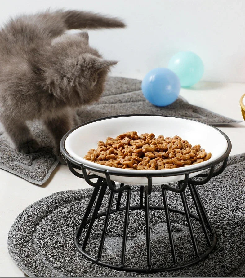 Ceramic Pet Bowl Cat Food Feeding Double Dish Stainless Steel Raised Stand Kitten Dog Water Feeder Durable Pet Accessories