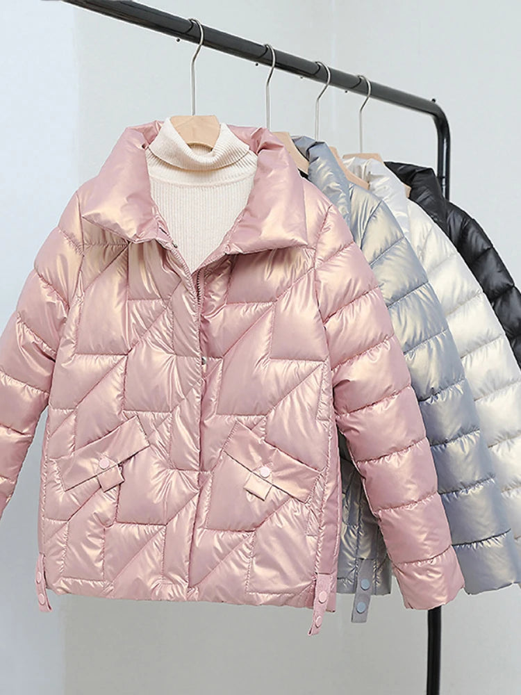 Women Jacket Winter Parkas Female 2025 New Glossy Down Cotton Jackets Stand Collar Casual Warm Parka Short Coat Female Outwear