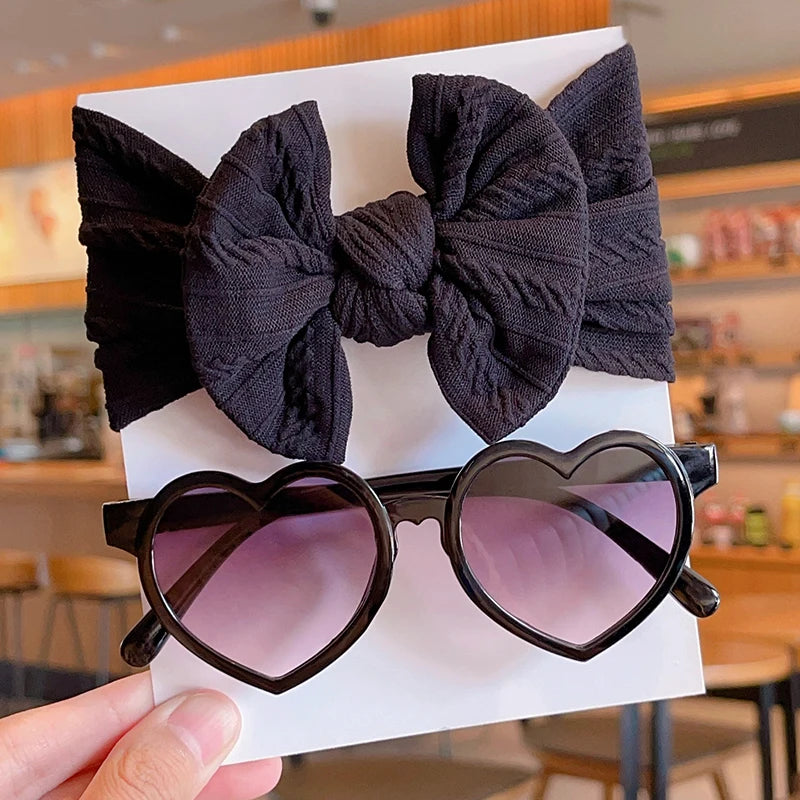 2 Pcs/Set New Children Cute Solid Bowknot Wide Hairbands Heart Sunglasses Hair Bands Baby Girls Headwear Kids Hair Accessories