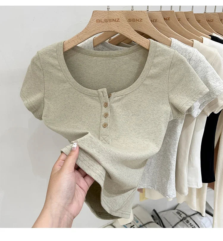 Women T Shirt Button T-Shirt Woman Clothes Tops Cotton Slim Tshirt Female Short Sleeve Top Summer Tee Sexy Canale Y2k