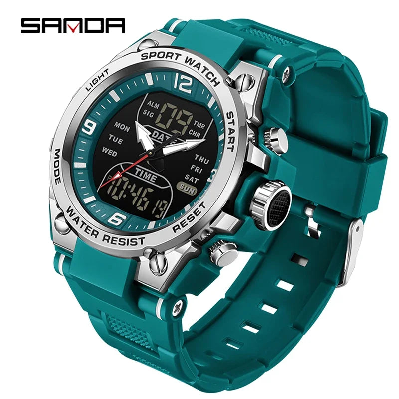 SANDA New Fashion Men Watch Multifunctional Outdoors Sports Waterproof Wristwatch LED Luminous Electronic Digital Men Watches