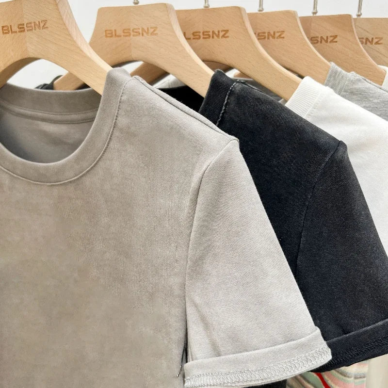 Women's Cotton T-shirt Female Summer 2025 Short Sleeve Washed Vintage Tee Harajuku Casual O-Neck Simple Slim Fit T Shirts