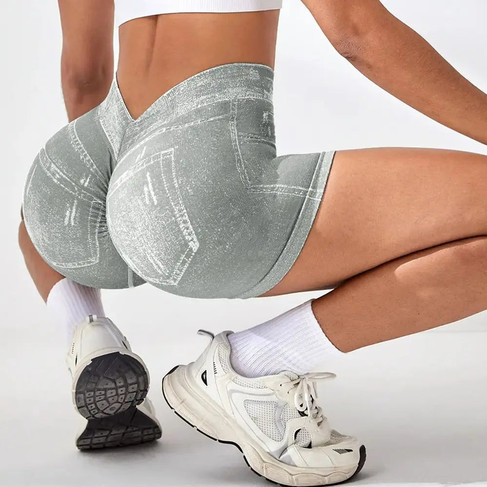 Women V back Shorts Faux Jeans Elastic Workout Sports Yoga Pants Butt Lifting Leggins Fitness Athletic Short Tights Seamless