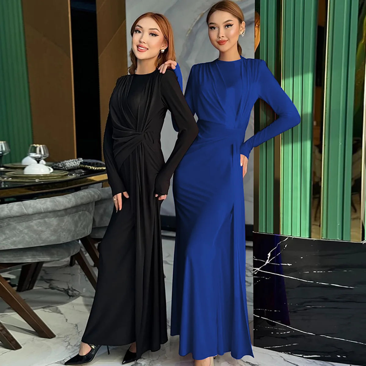 Women's Evening Dress Spring Summer New Fashion Slim Solid Color Casual Round Neck Long Sleeve Long Dress Elegant Party Dresses