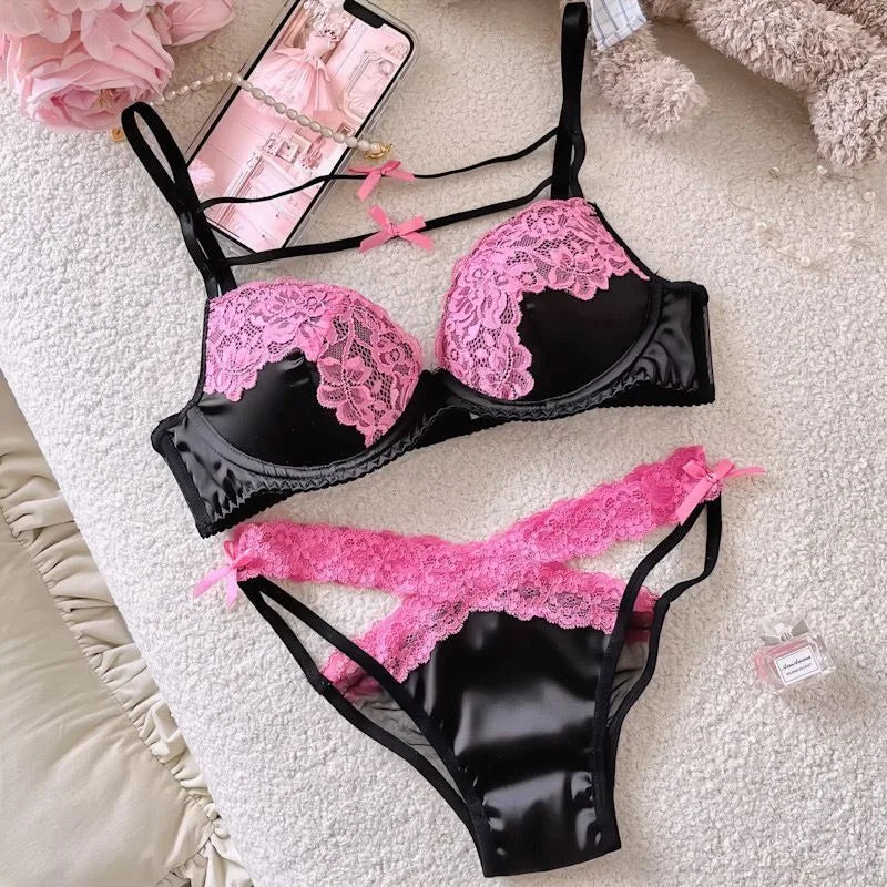 Women Underpants Low Waist Mesh Hollowed Bow Panties and Bra Set Breathable Briefts Lace Push Transparent Lingerie