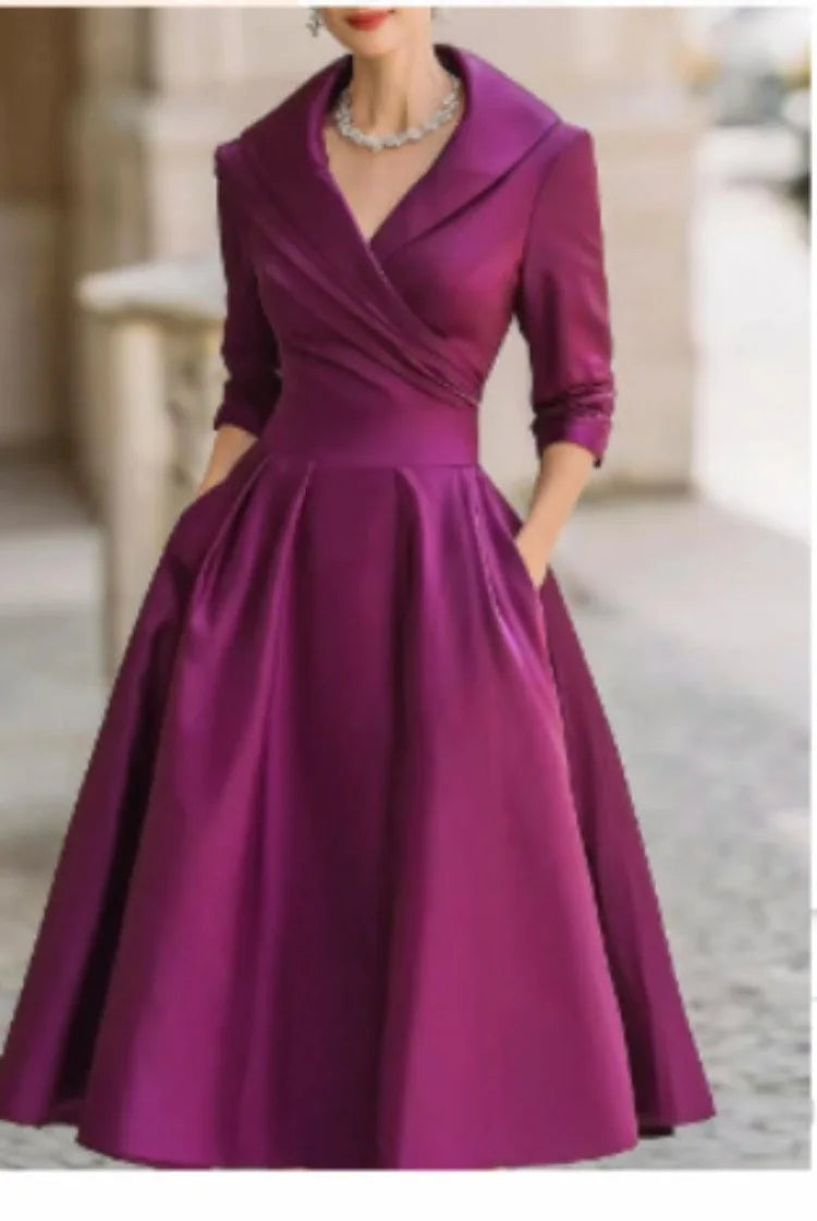 Women Elegant Wedding Guest Dress Turndown Collar Mid-Length Waisted A-Line Evening Dress Cocktail Party Satin Midi Dresses
