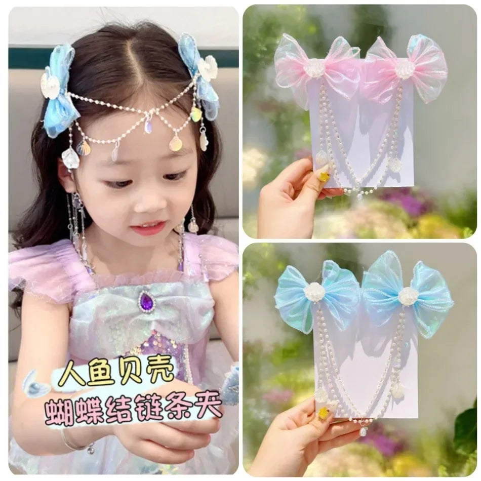 Baby Girls Cute Mermaid Princess Pearl Tassel Bow Forehead Chain Hair Clip Children Hair Accessories Girls Super Hair Clip TM04