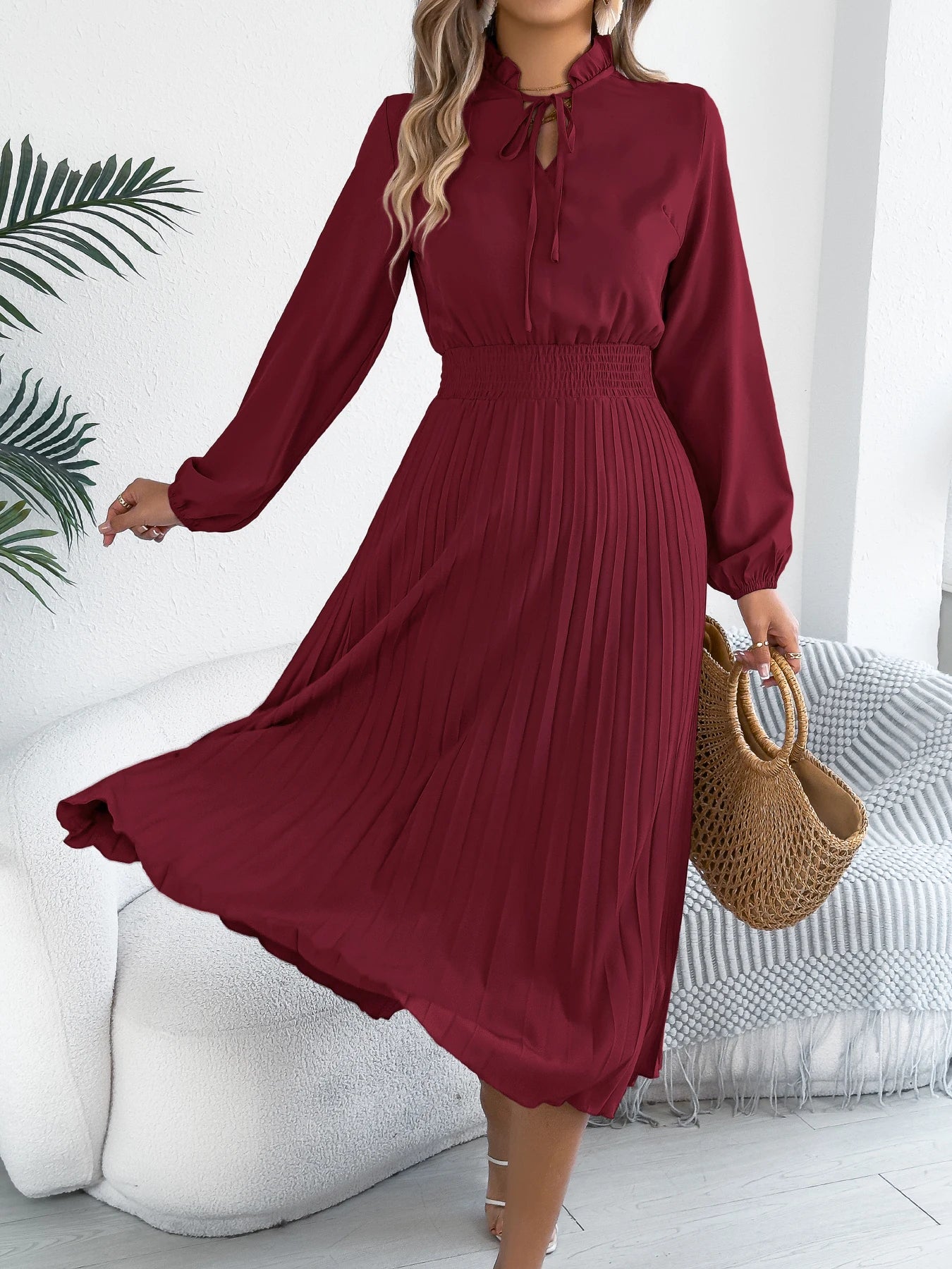 Elegant Dresses for Women 2025 Autumn Winter Casual Solid Color V Neck Lace Up Pleated Maxi Dress Red Khaki Green Woman Dresses
