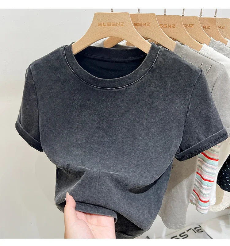 Women's Cotton T-shirt Female Summer 2025 Short Sleeve Washed Vintage Tee Harajuku Casual O-Neck Simple Slim Fit T Shirts