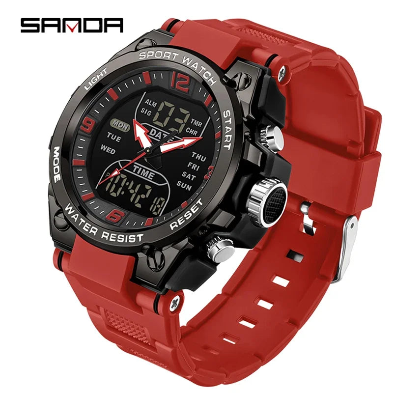 SANDA New Fashion Men Watch Multifunctional Outdoors Sports Waterproof Wristwatch LED Luminous Electronic Digital Men Watches