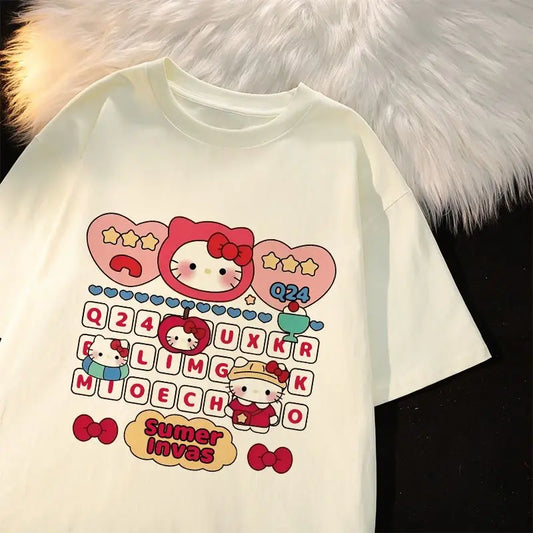 Cute Hello Kitty Cotton Cartoon Men Women T-shirt Y2k Short-sleeved Loose Women Men T-shirts Harajuku Male Female Clothing Tops