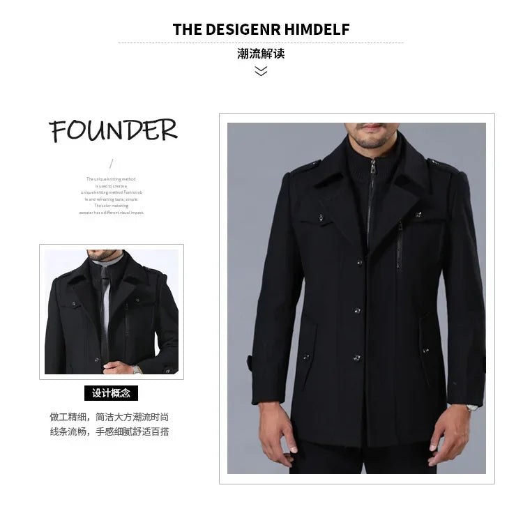 Winter Business Casual Wool Coat Men jackets Men's Woolen Coats Fashion Thicken Mid Length Trench Solid Warm Outerwear