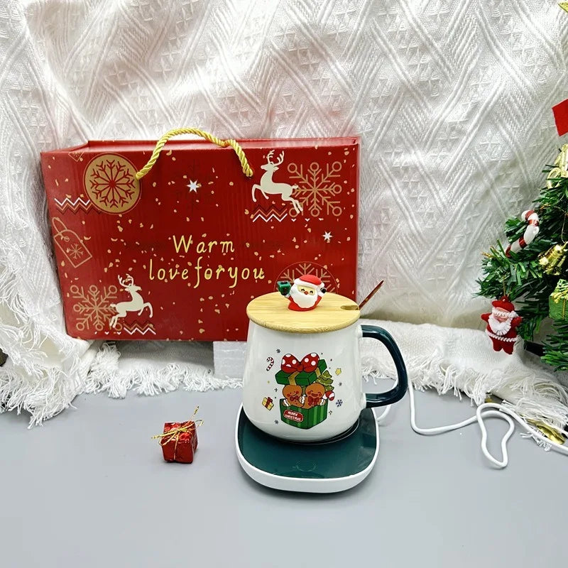 Christmas gift set: 55-degree warm ceramic cup with lid, Santa Claus mug, office coffee cup