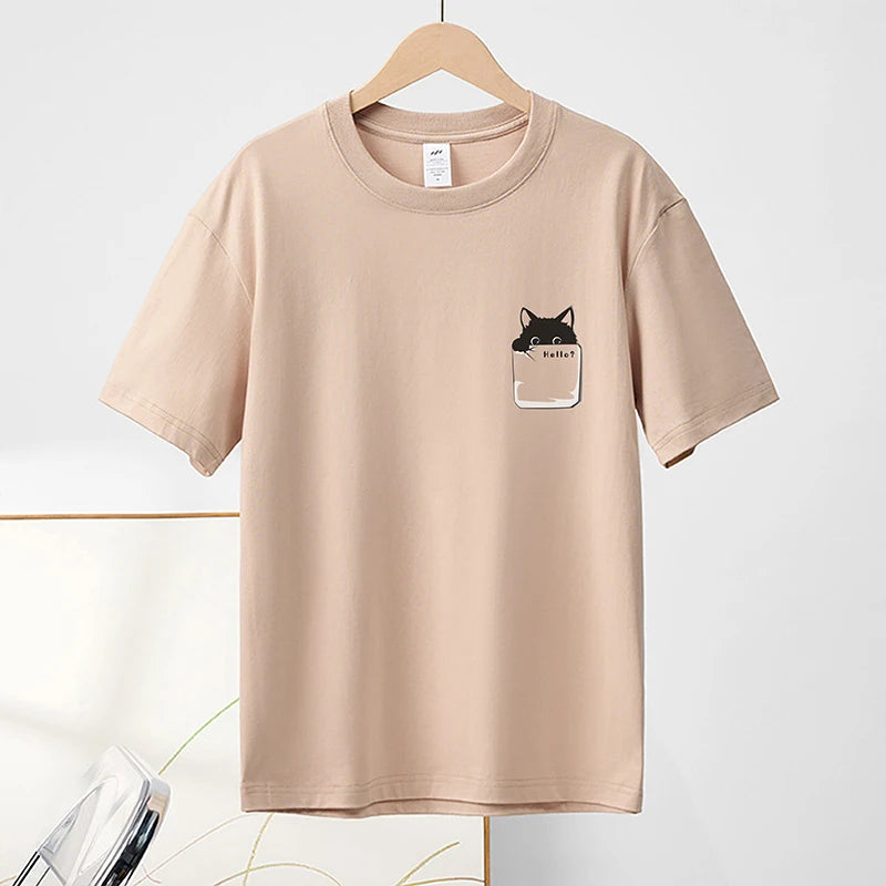 Summer New Pure Cotton Cat Printed Men T-shirts Short Sleeve Casual Solid Color Simple Thin Men Tops BOK0121