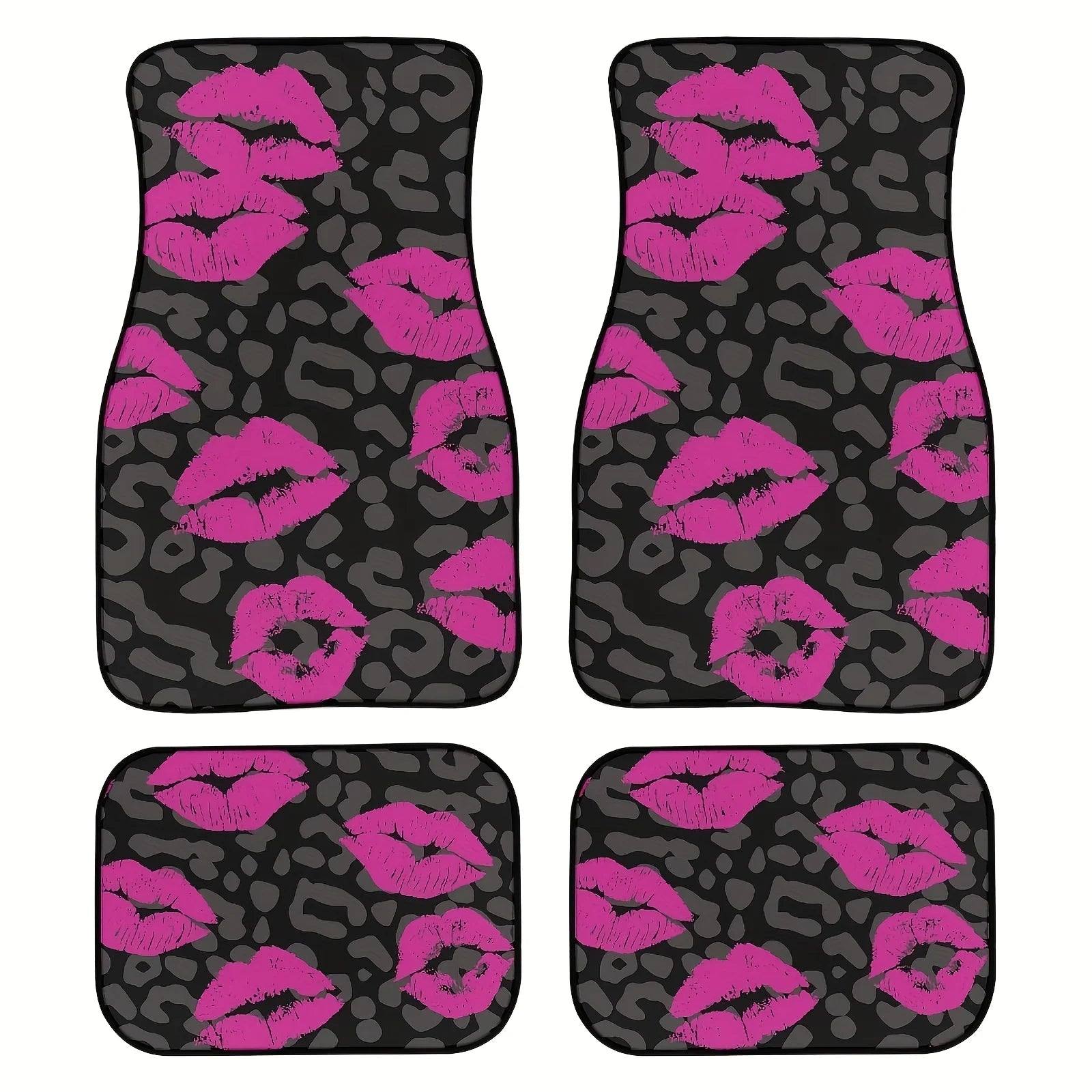 A Set of Four Car Mats Suitable for All Vehicle Types, Featuring Pink Lips And Leopard Print Designs,Women Interior Accessories.