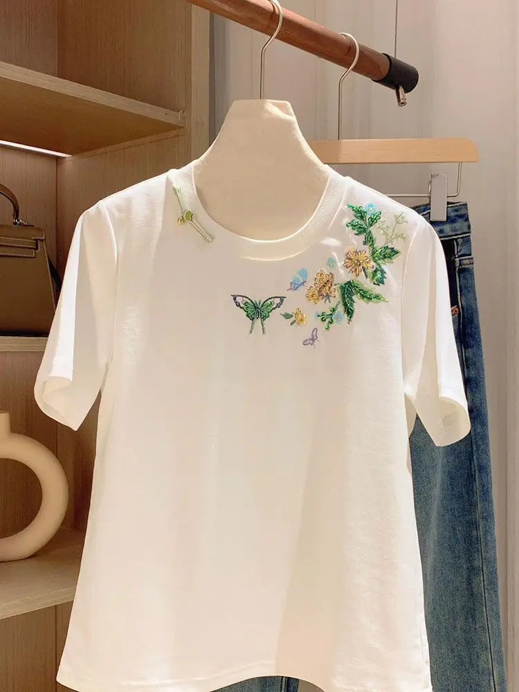 Pure Cotton Heavy Industry Embroidered Beaded Short-sleeved T-shirt for Women 2025 Summer New Loose Slim Fashion Top