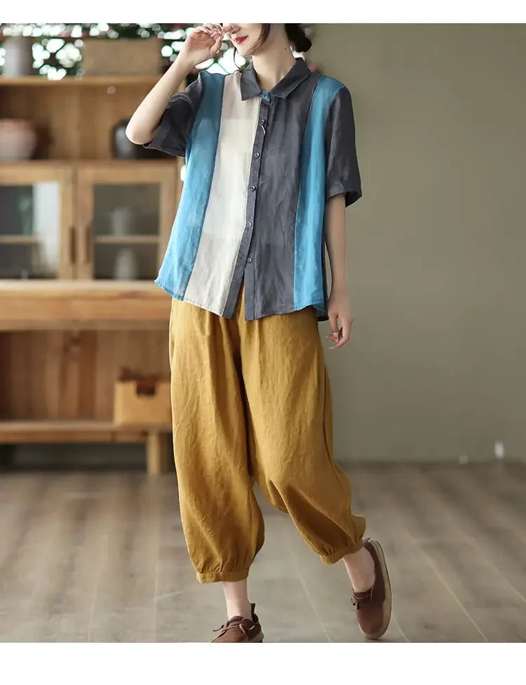 Cotton and Linen Shirt for Women Fashionable and Versatile Cardigan Lapel Top Thin