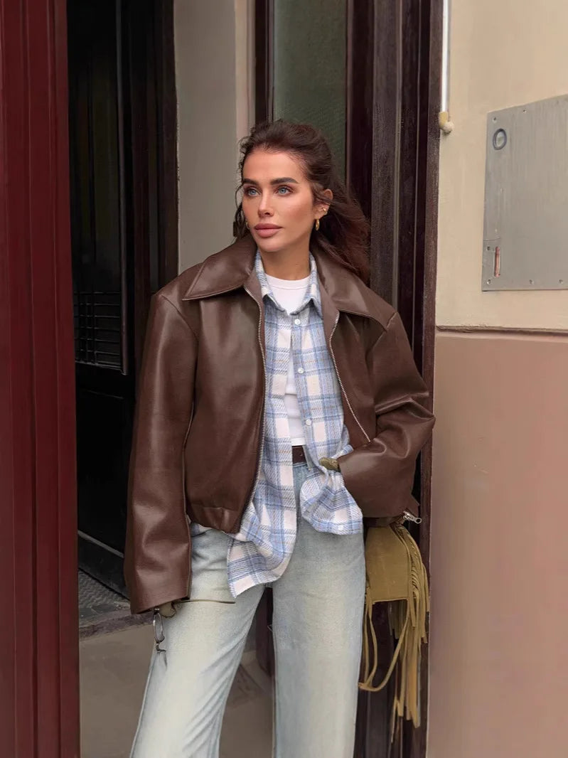 Womens Jacket Outerwears Cropped Faux Leather Jacket Autumn Long Sleeve Burgundy Bomber Jackets Casual Zipper Short Jacket