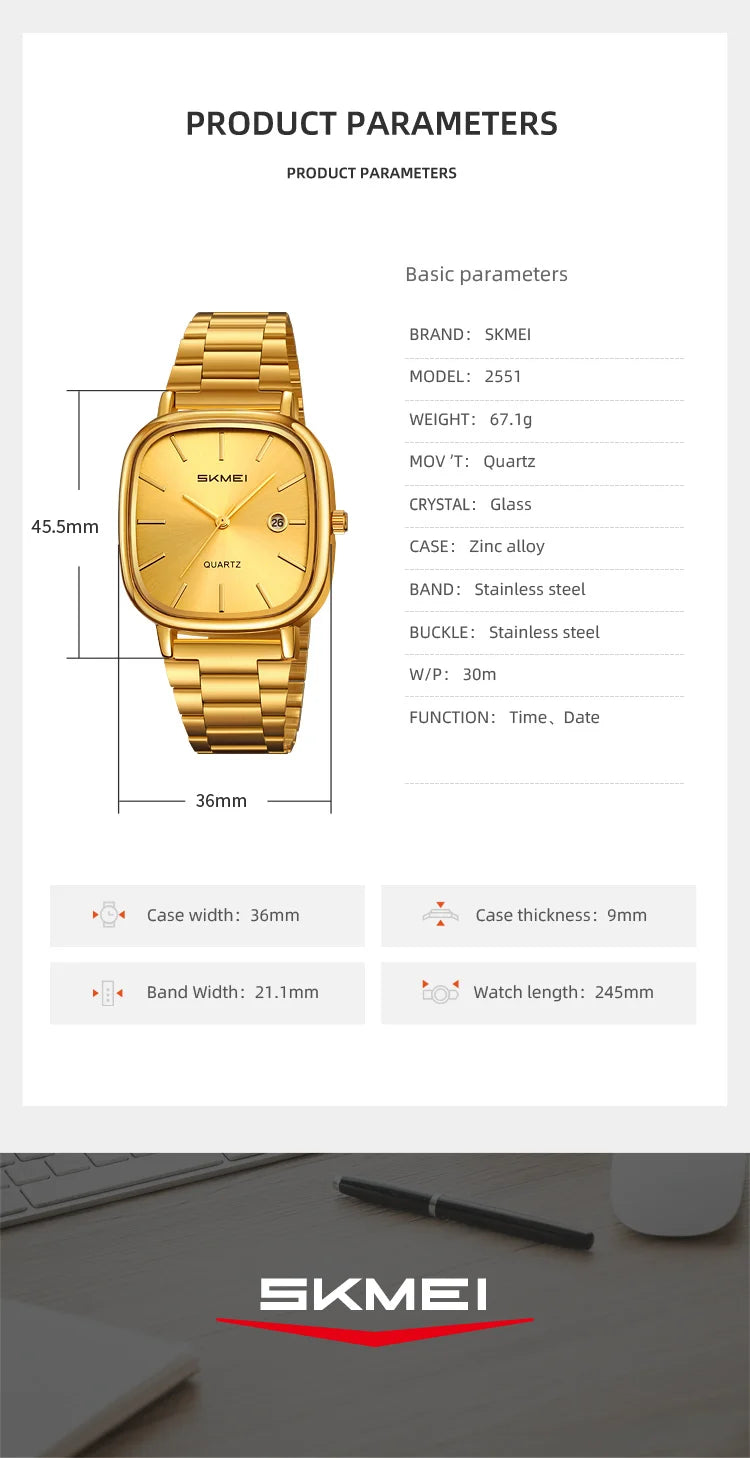 SKMEI Men's Quartz Watch Retro Square Zinc Alloy Case Gold Stainless Steel Band, 30M Water Resistance Time & Date Functions 2551