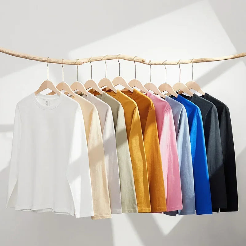 230G Men T Shirts Pure Combed Cotton Heavy Round Neck Solid Color Long-sleeved Men's T-shirt Loose Bottoming Shirt Tops For Male