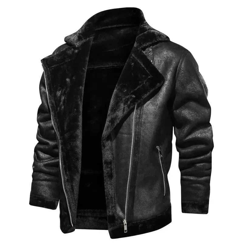 2022 Winter Jacket Mens Suede Leather Jacket Lapel Collar Vintage Style Warm Thick Fur Slim Fit Men Jackets M-4XL