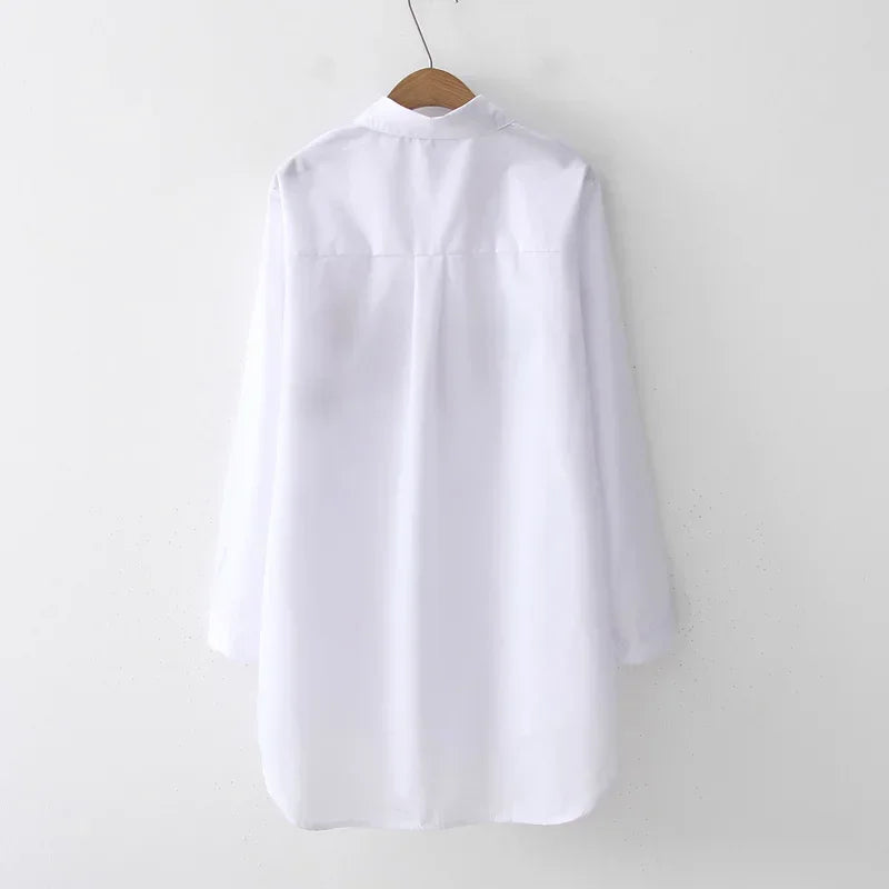 White Women Shirt Long Sleeve Cotton Blouse Office Lady Elegant Embroidery Casual Tops Turn Down Collar Clothing