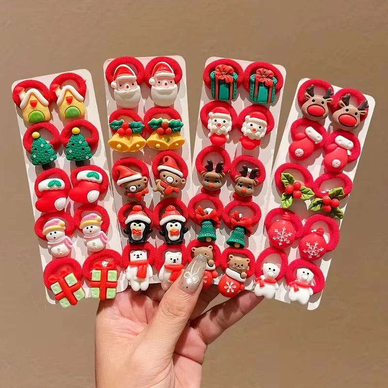 10Pcs/Set Kids Girls Christmas Hair Ties Cute Santa Claus & Reindeer Design Festive Hair Accessories Holiday Parties Decorations