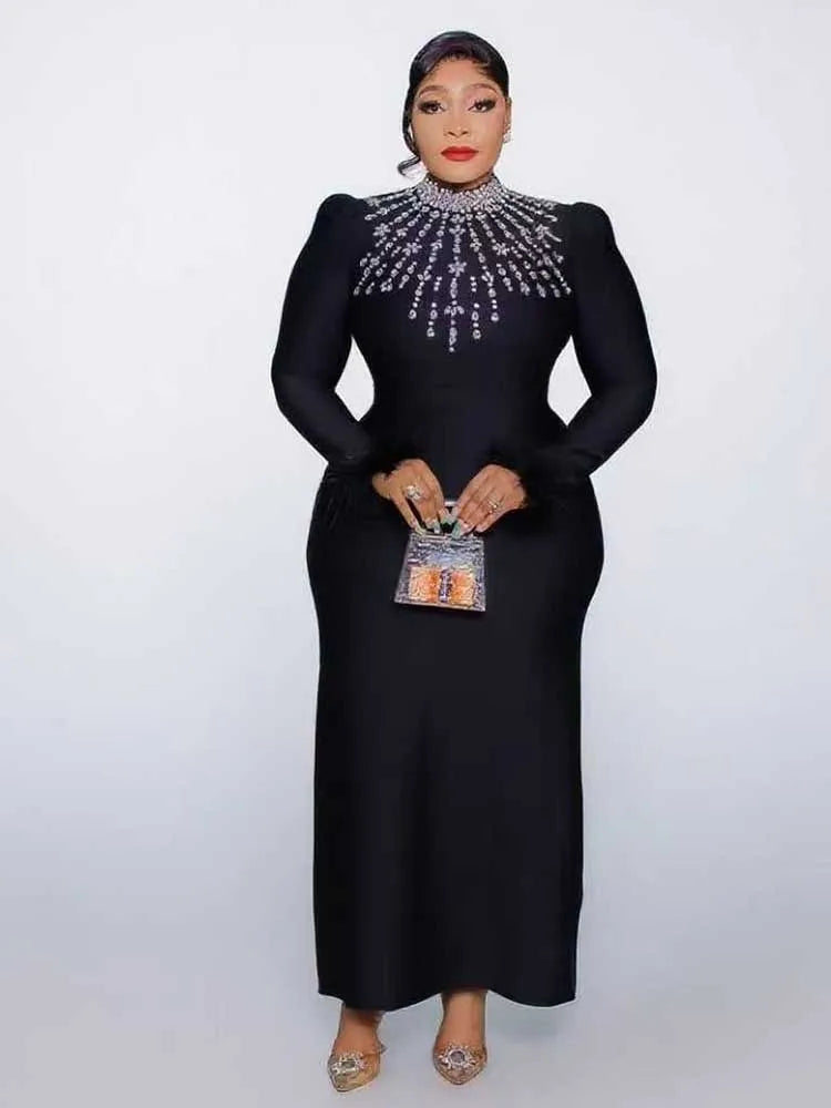 Elegant Black Evening Dresses for Women Autumn Clothes Dress  Round Collar with Diamonds Elegant Chic Bodycon Dress Long Sleeve