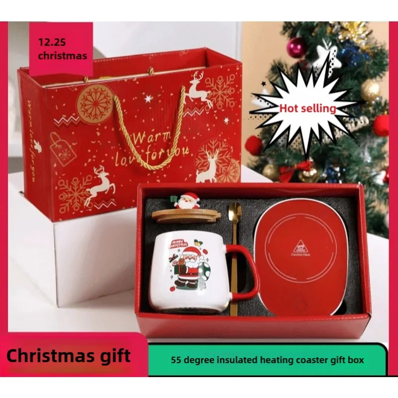 Christmas gift set: 55-degree warm ceramic cup with lid, Santa Claus mug, office coffee cup