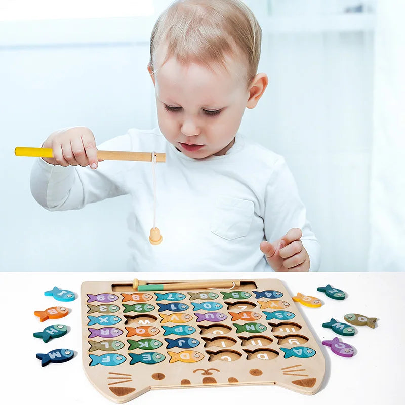 Kids Wooden Fishing Game Toys Gifts Early Education Alphabet Numeric Cognitive Toys Children Interactive Games Toys for Gifts