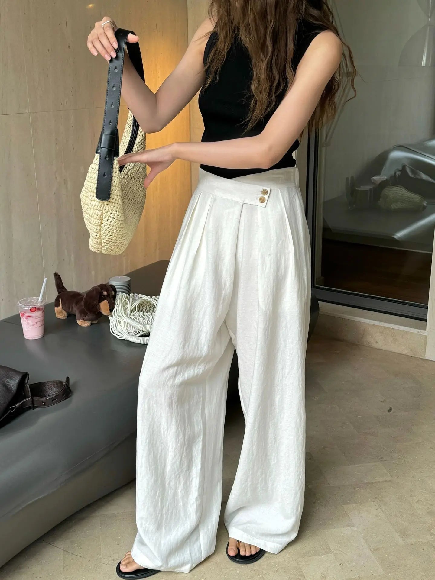 Summer women's casual solid color high waisted loose wide leg pants