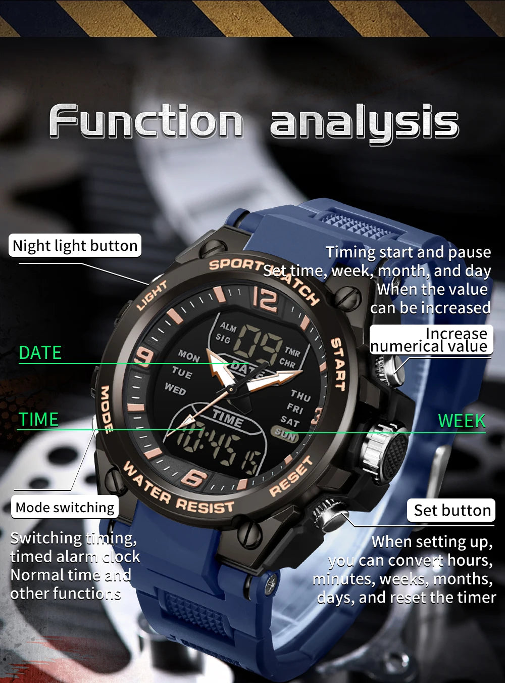 SANDA New Fashion Men Watch Multifunctional Outdoors Sports Waterproof Wristwatch LED Luminous Electronic Digital Men Watches
