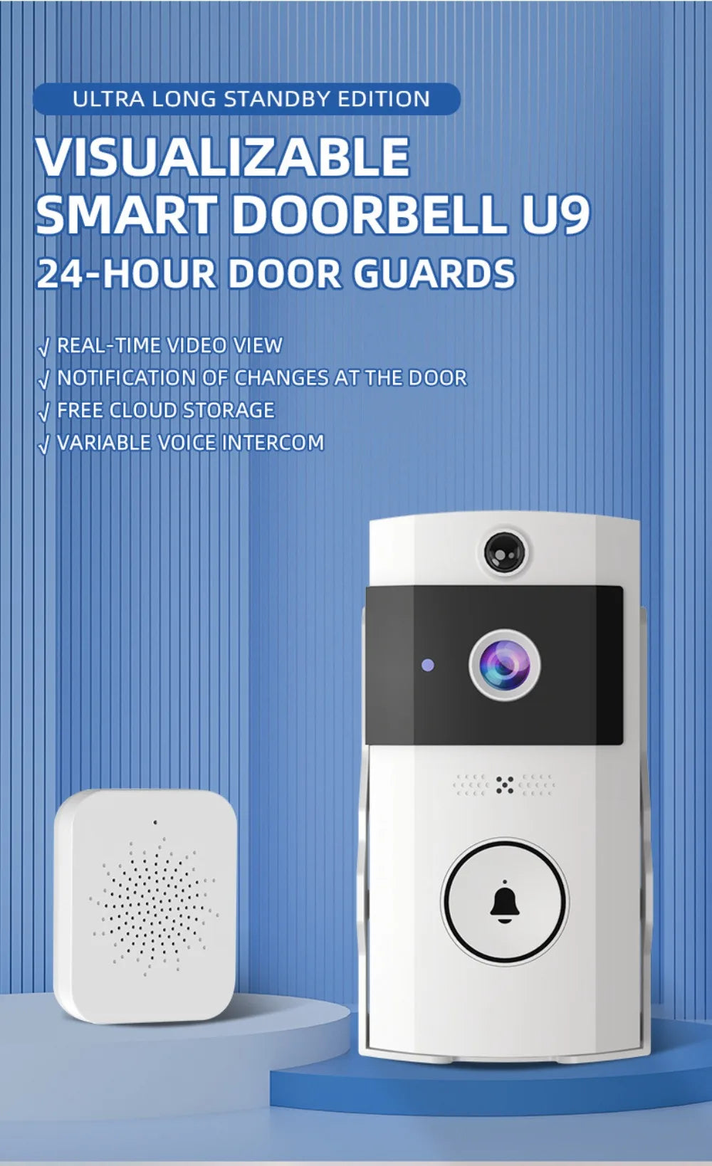 Waterproof Visual Intercom Doorbell Solar Power Wireless Front Door Camera HD Home Security Video Doorbell Outdoor Surveillance