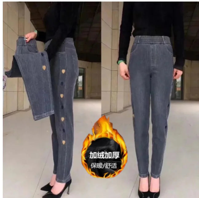Middle-aged Women's Jeans Autumn Winter Stretch Waist Embroidery Denim Pants Large size Loose Female Straight Casual Pants 5XL