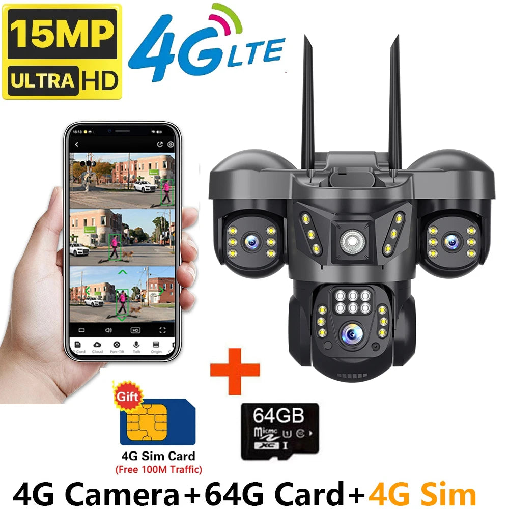 Home Surveillance Cameras 15MP 4GSim Card Triple Lenses Triple Screens 360 Video Monitor Night Vision Camera Security Protection