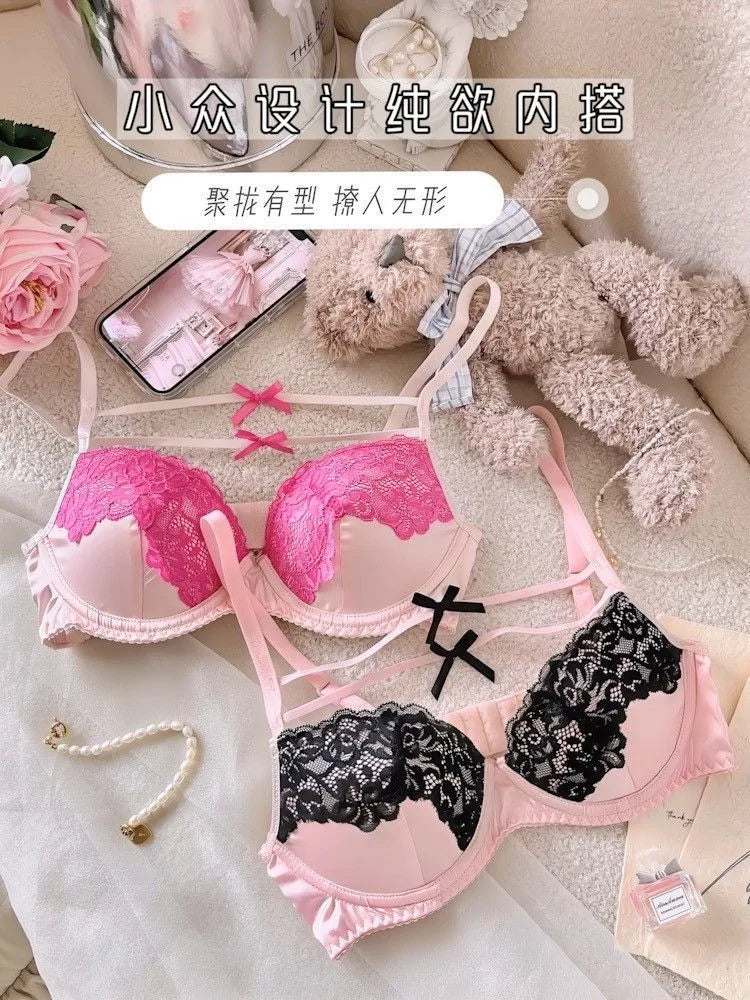 Women Underpants Low Waist Mesh Hollowed Bow Panties and Bra Set Breathable Briefts Lace Push Transparent Lingerie