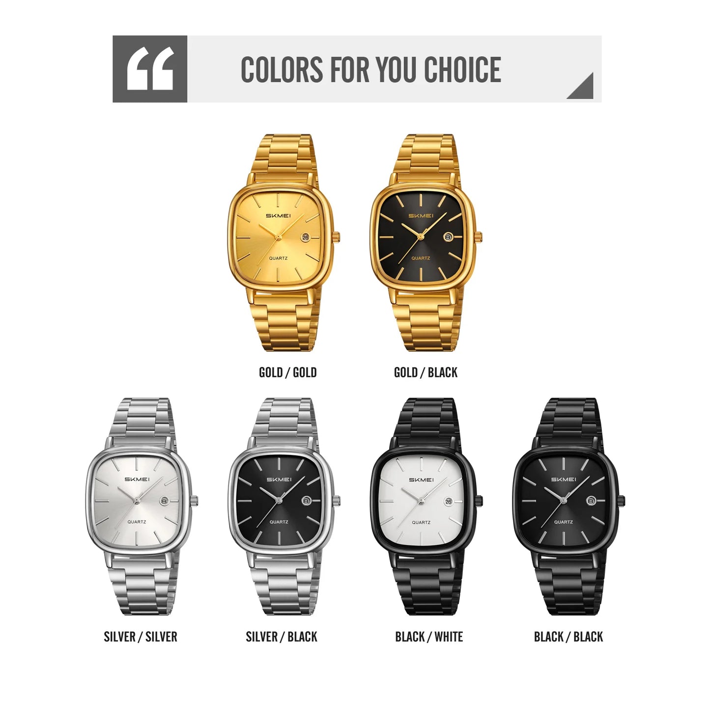 SKMEI Men's Quartz Watch Retro Square Zinc Alloy Case Gold Stainless Steel Band, 30M Water Resistance Time & Date Functions 2551