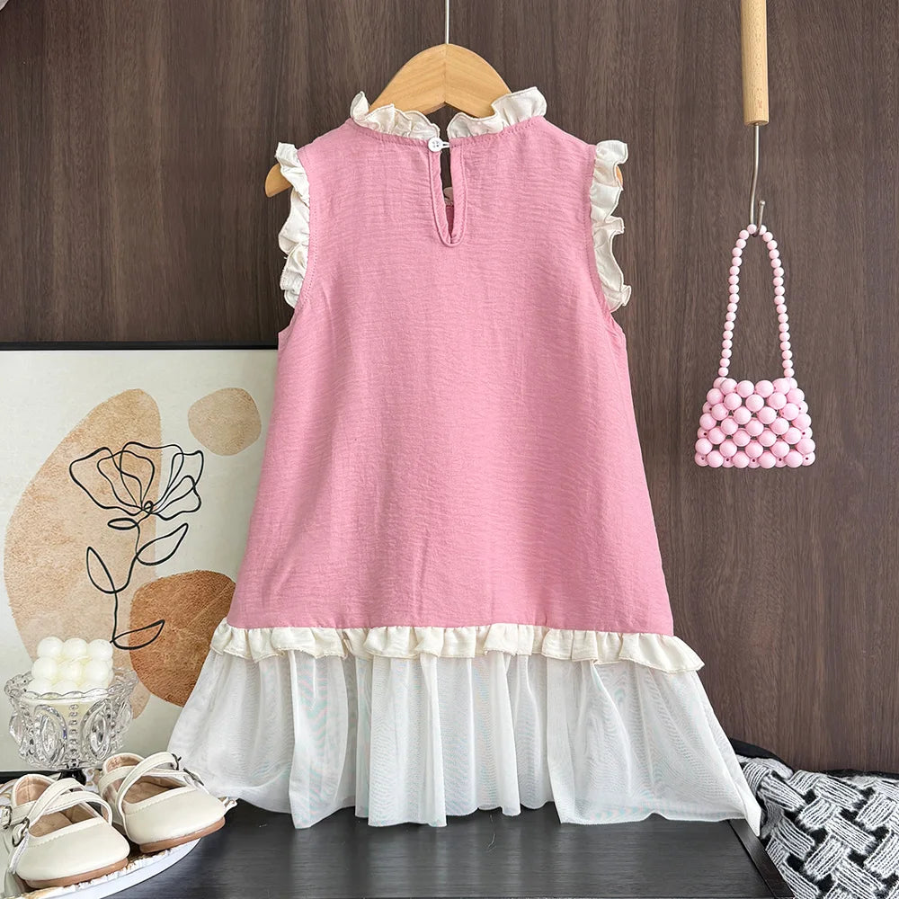 Bear Leader Korean Solid Color Kids Clothes Summer Pink Lace Girls Dress Sleeveless Black Fungus Edge Mesh Splicing Dresses
