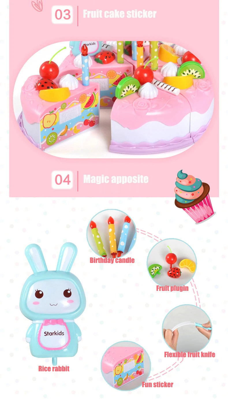 Kids Toy Simulation DIY Birthday Cake Model Kitchen Pretend Play House Cutting Fruit Food Toy for Toddler Children Gift Boy Girl