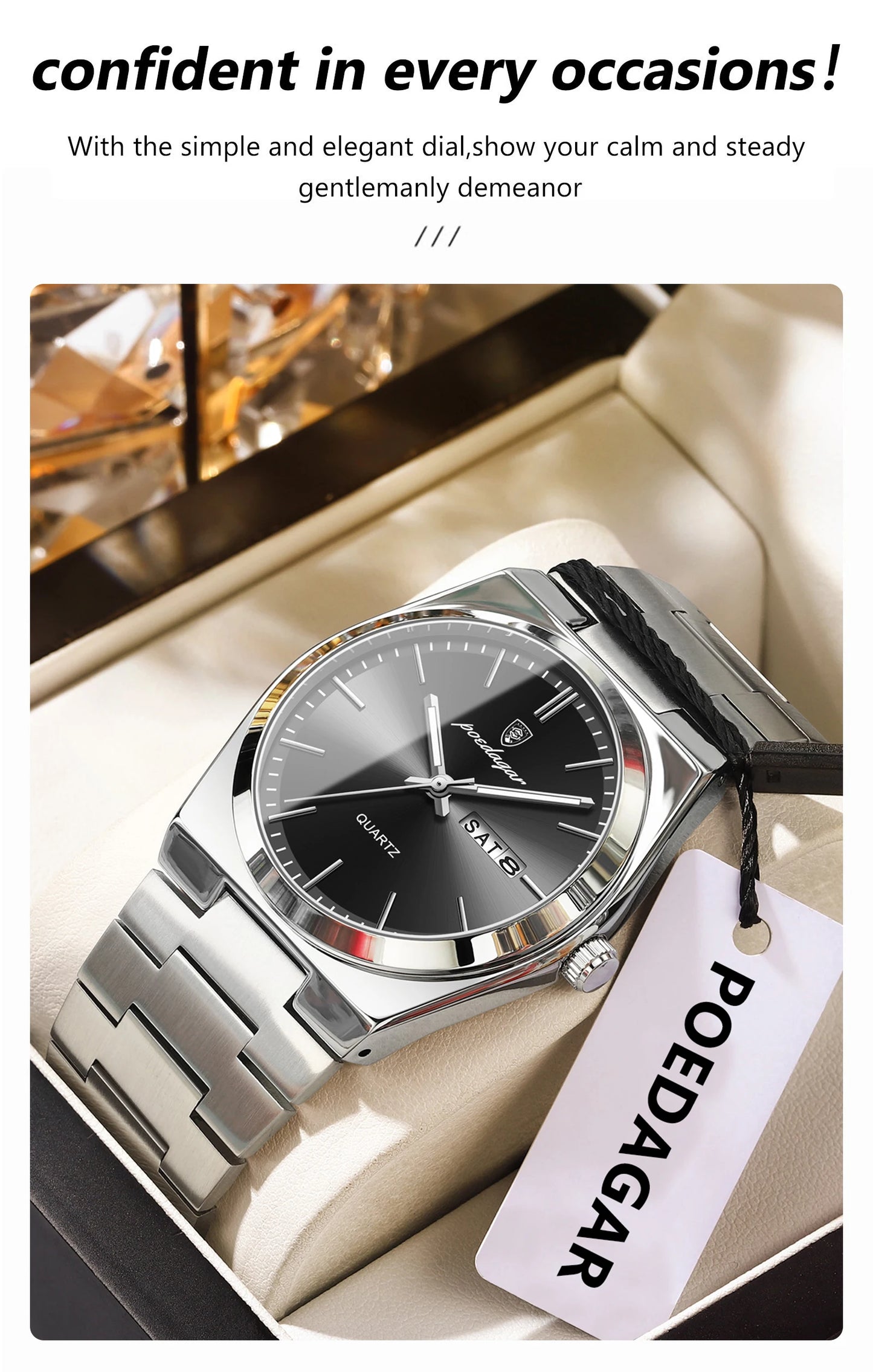 POEDAGAR Luxury Men Watch Stainless Steel Waterproof Luminous Man Wristwatch Date Week Fashion Casual Men's Watches Quartz Reloj