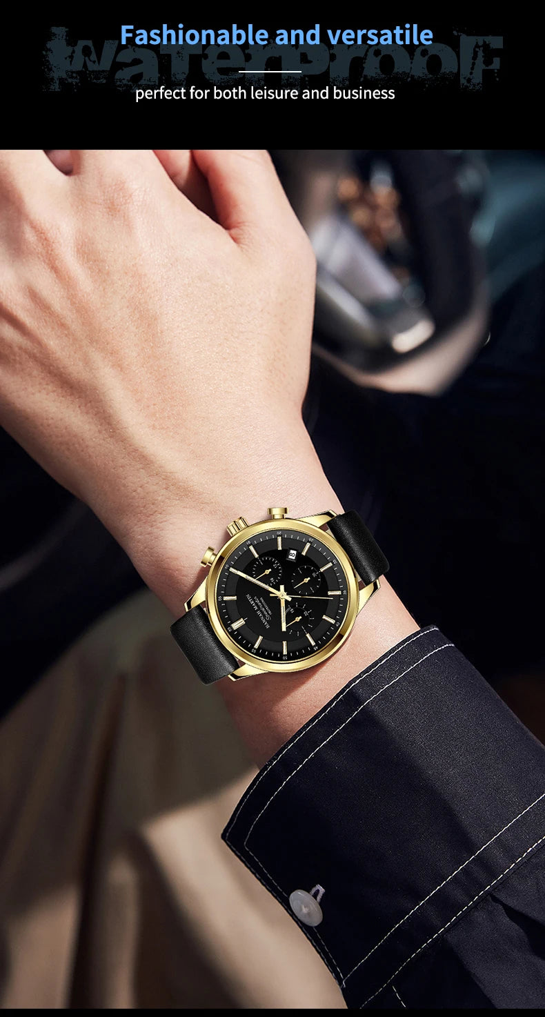 Hannah Martin Brand Men Watch Multifunctional Timing Dial Casual Sports Leather Original Quartz Movement Business Watch for Men