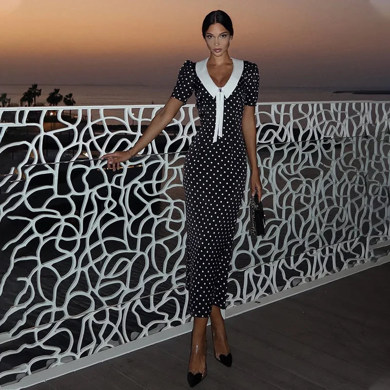 Dot Printed Dresses For Women Fashion Sexy Streetwear Short Sleeves Sheath Turn Down Collar V-Neck Long Vestidos Robes Female