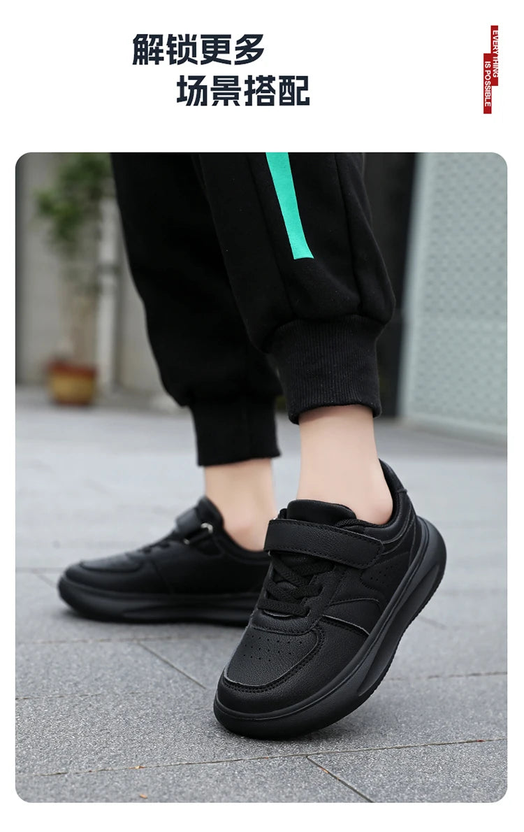 7-13 Boys Shoes Sneakers Fashion Leather Children Comfortable Black White Shoes for Kids Girls School Walking Footwear Non Slip