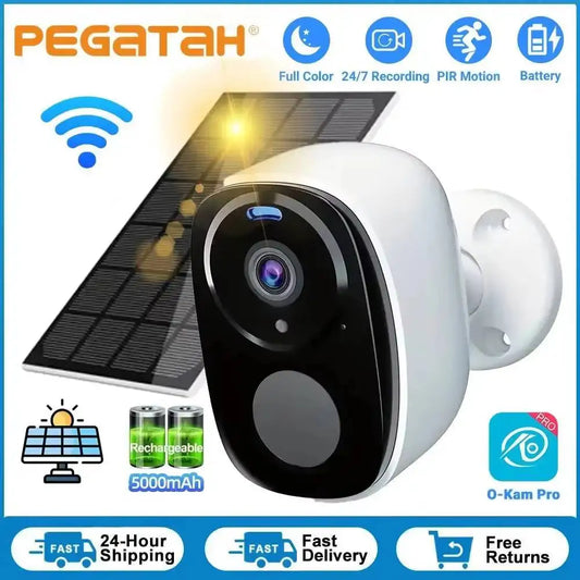 2K 5MP Solar Security Camera Wireless Outdoor Color Night Vision Battery Powered 2.4G WiFi, PIR, Waterproof, Two-Way Alexa