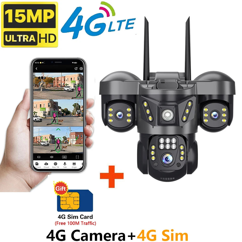 Home Surveillance Cameras 15MP 4GSim Card Triple Lenses Triple Screens 360 Video Monitor Night Vision Camera Security Protection