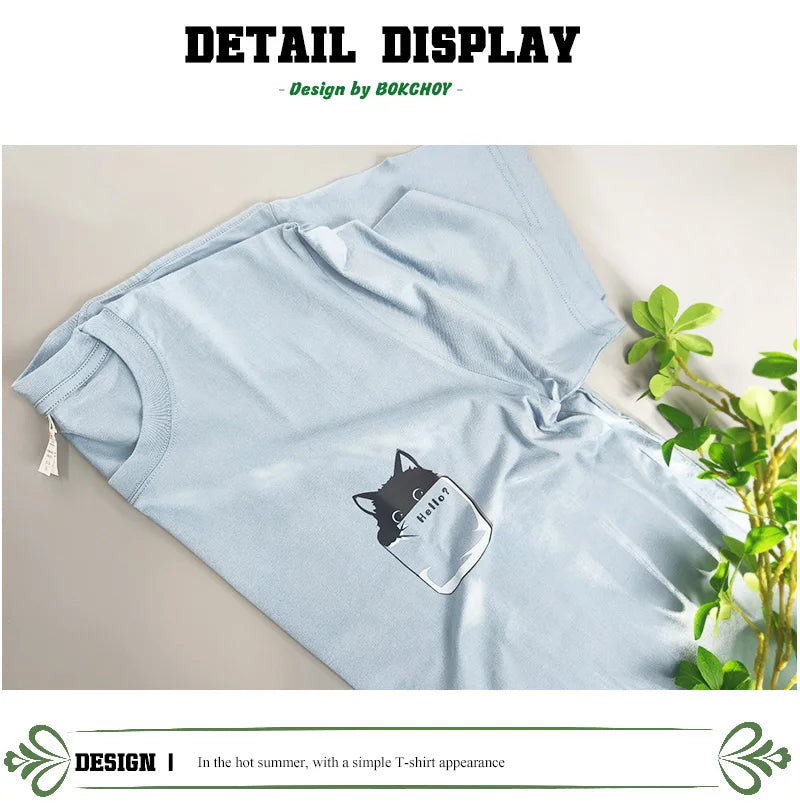 Summer New Pure Cotton Cat Printed Men T-shirts Short Sleeve Casual Solid Color Simple Thin Men Tops BOK0121