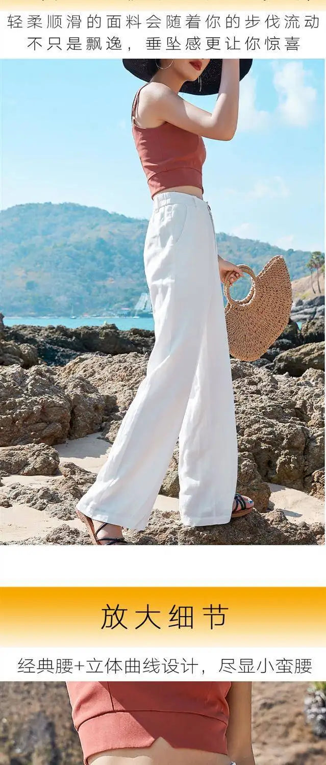 Women's Pants Summer Cotton Linen Wide Leg Pants Full Length Casual Solid White Loose High Waist Straight Trousers Women