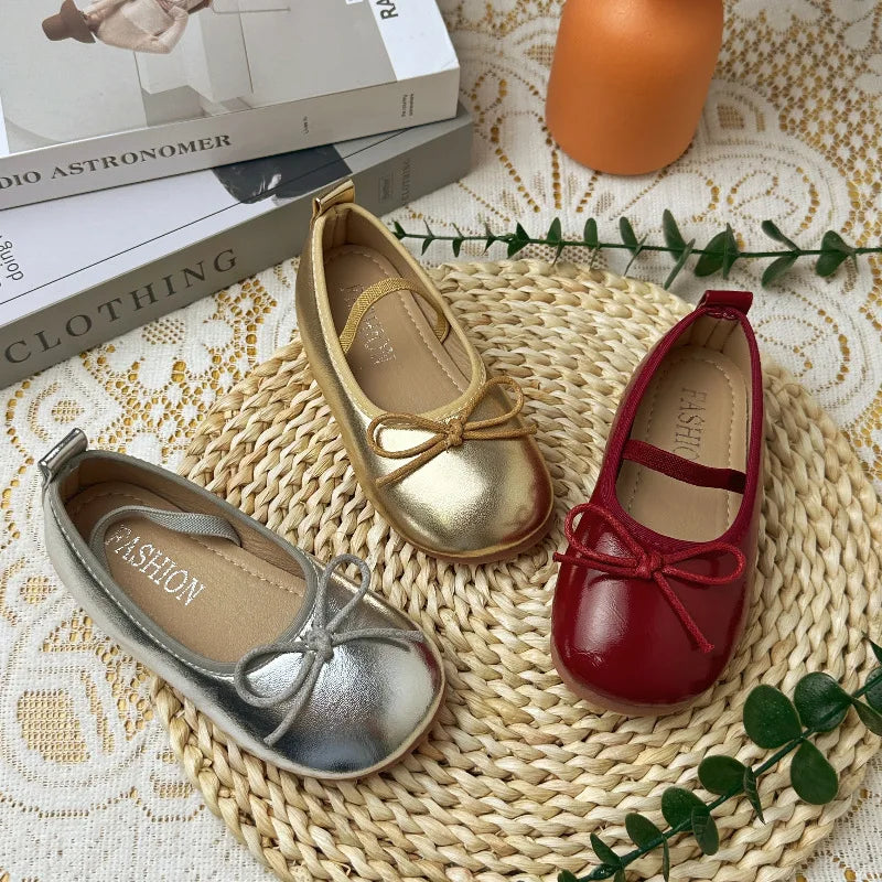 2025 New Kids Shoes Childrens Bowknot Princess Shoes Girls Flat Leather Shoes Gold Silver Red Spring Autumn For 3-10T
