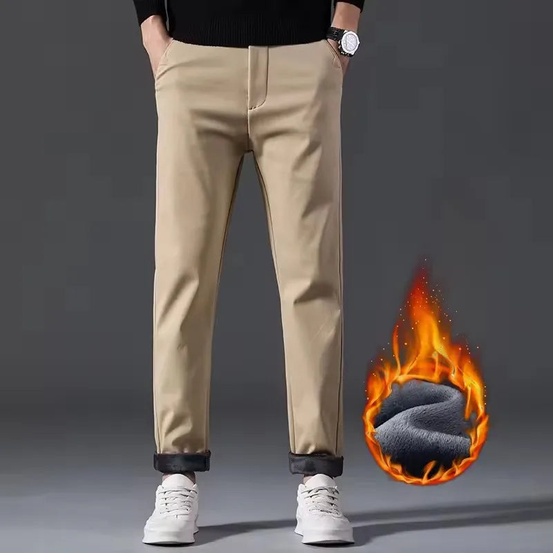 New Winter Mens Clothing Warm Casual Pants 98% Cotton Fleece Straight Business Thicken Men Pants Stretch Classic Velvet Trousers