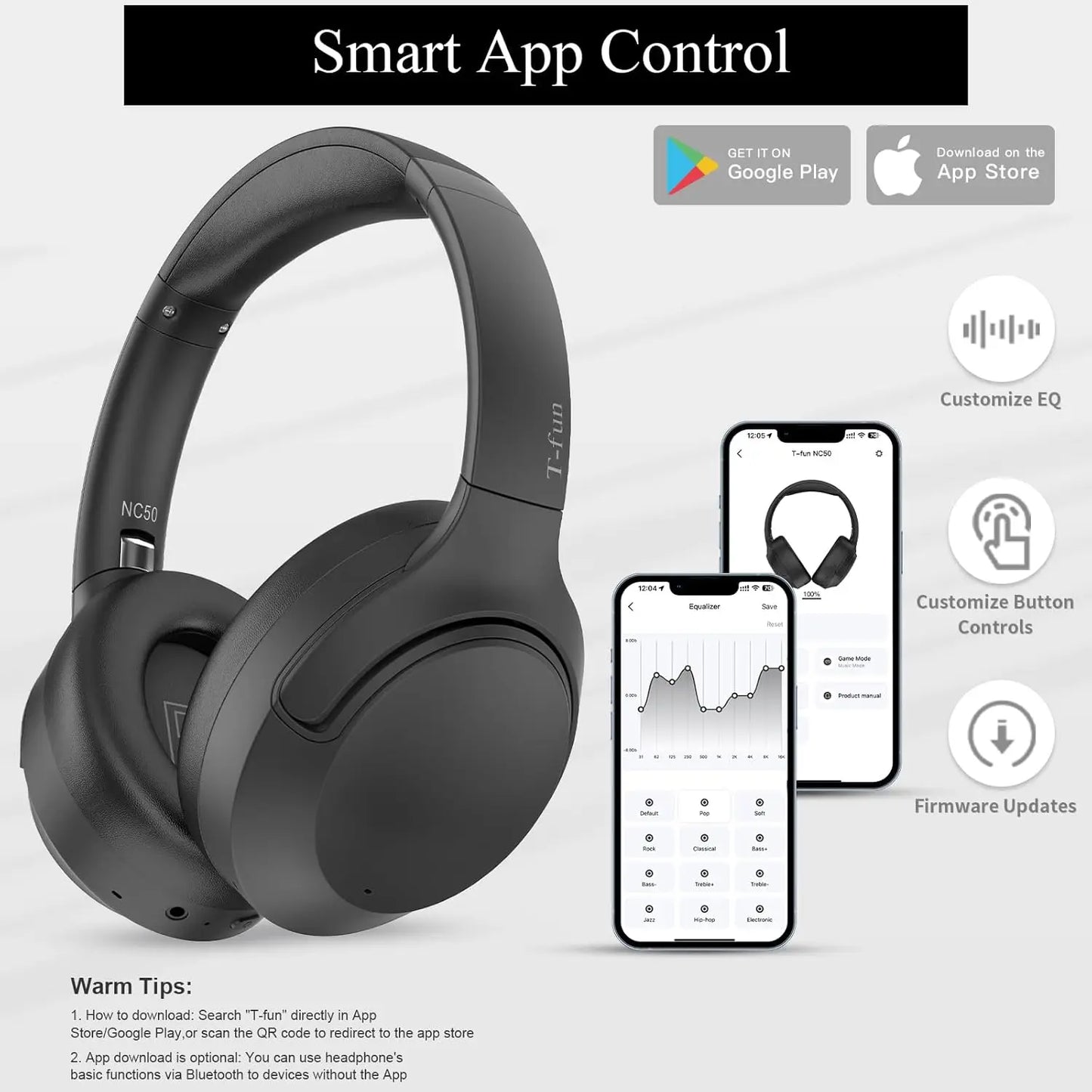 Hybrid Active Noise Cancelling Headphones, Wireless Over Ear Bluetooth Headsets ANC,APP Custom EQ,Deep Bass, Comfort Ear Cups